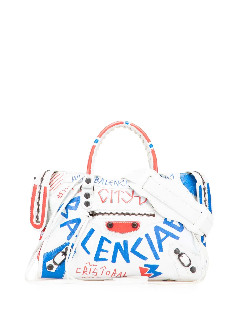 Pre-owned Balenciaga 2018-2025 Small Lambskin Motocross Graffiti All Over Classic City Satchel In White