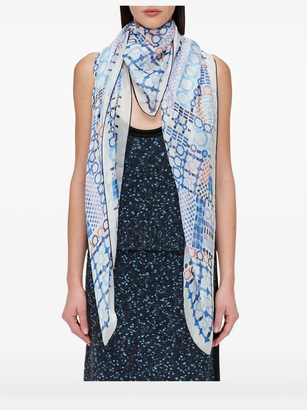 Ferragamo Gancini-print Silk Scarf In Blue
