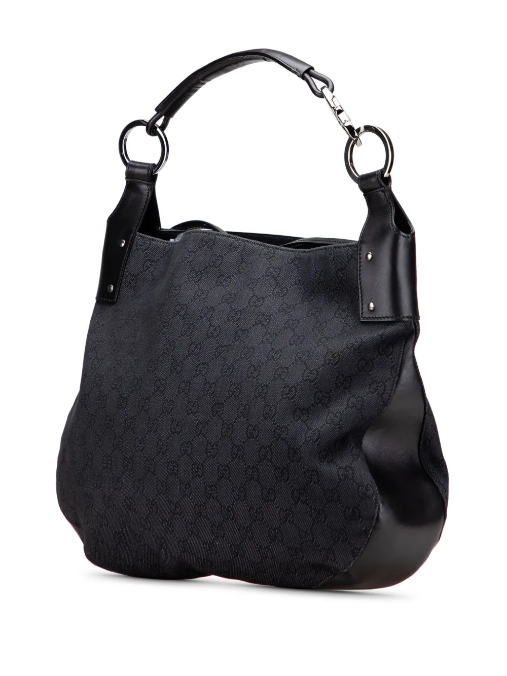 Pre-owned Gucci 2000-2015 Large Gg Denim Horsebit Classic Ring Hobo Bag In Black