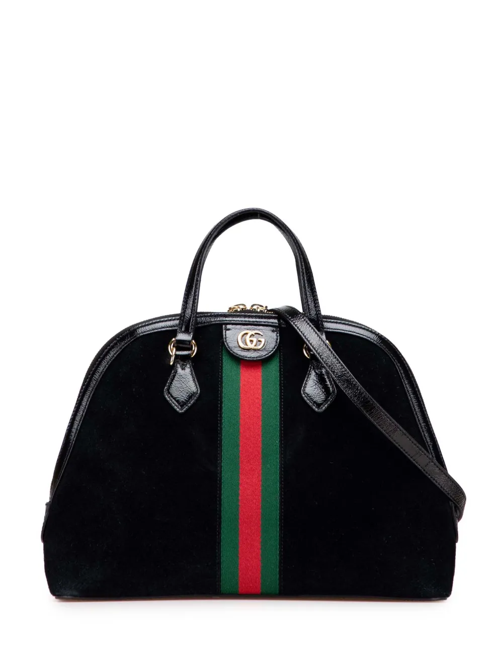 Pre-owned Gucci 2016-2025 Medium Suede Ophidia Web Dome Satchel In Black