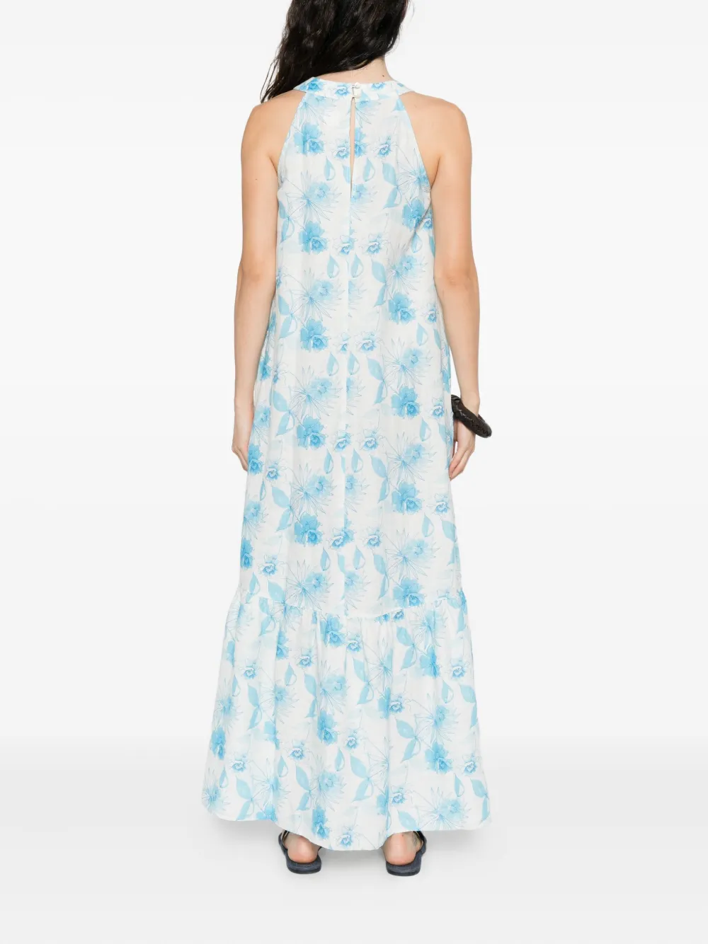 120% Lino Printed Dress In Blue