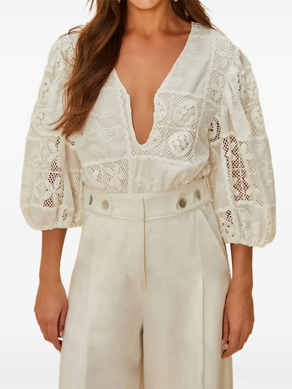 FARM Rio eyelet-details puff-sleeve bodysuit - Bianco