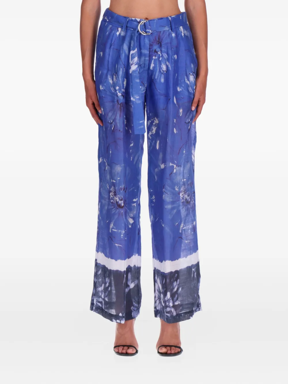 Ermanno Firenze Flora-printedl Belt Trousers In Blue