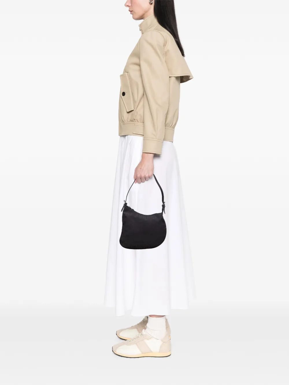Pre-owned Fendi 2000-2010 Zucchino Canvas Oyster Shoulder Bag In Black