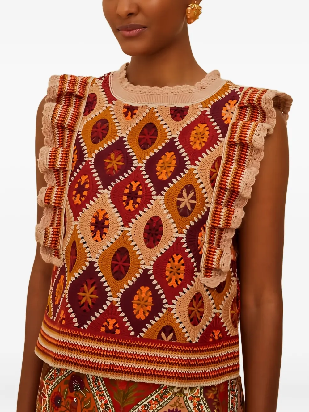 Farm Rio Multicolor Ruffled Crochet Vest In Neutral