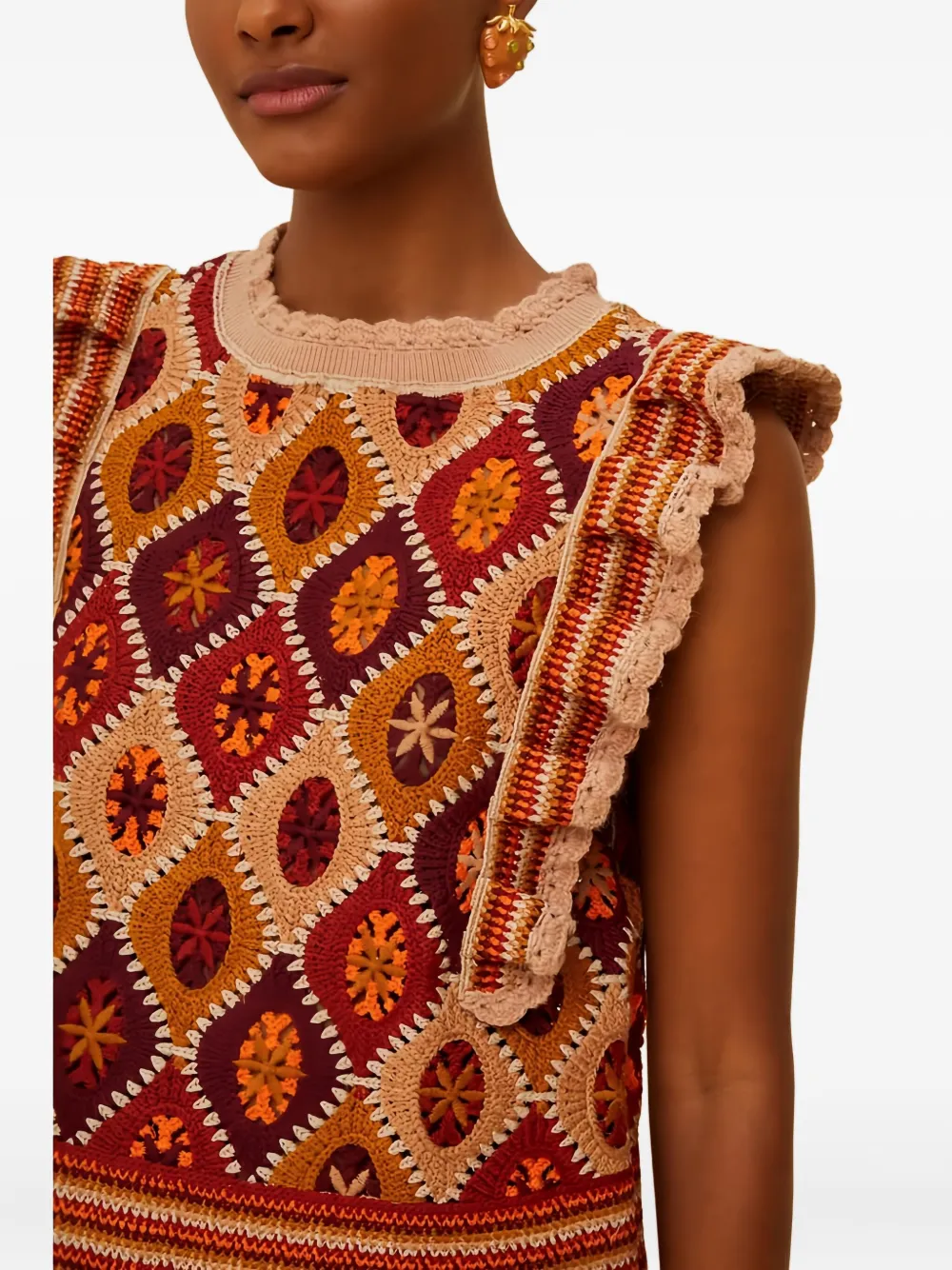 Farm Rio Multicolor Ruffled Crochet Vest In Neutral