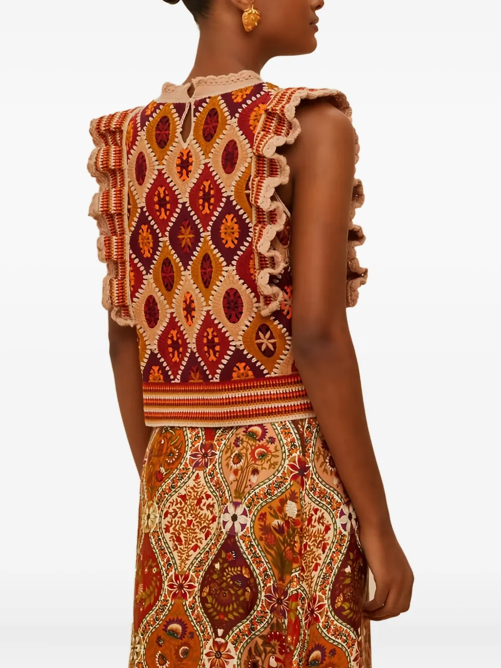 Farm Rio Multicolor Ruffled Crochet Vest In Neutral