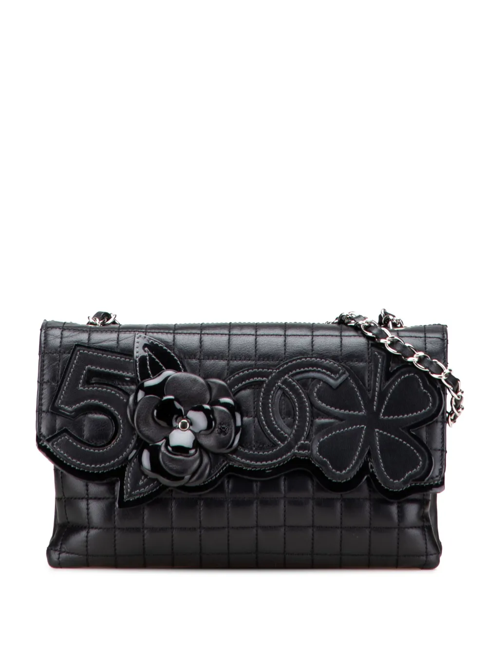 Pre-owned Chanel 2005-2006 Choco Bar Calfskin No. 5 Camellia Cc Shoulder Bag In Black