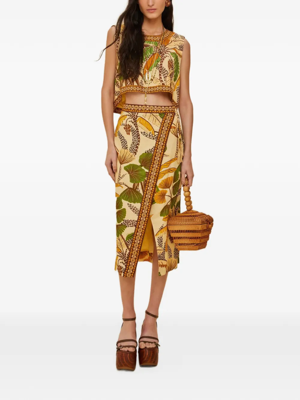 FARM Rio Sketch midi-wikkelrok met print Beige