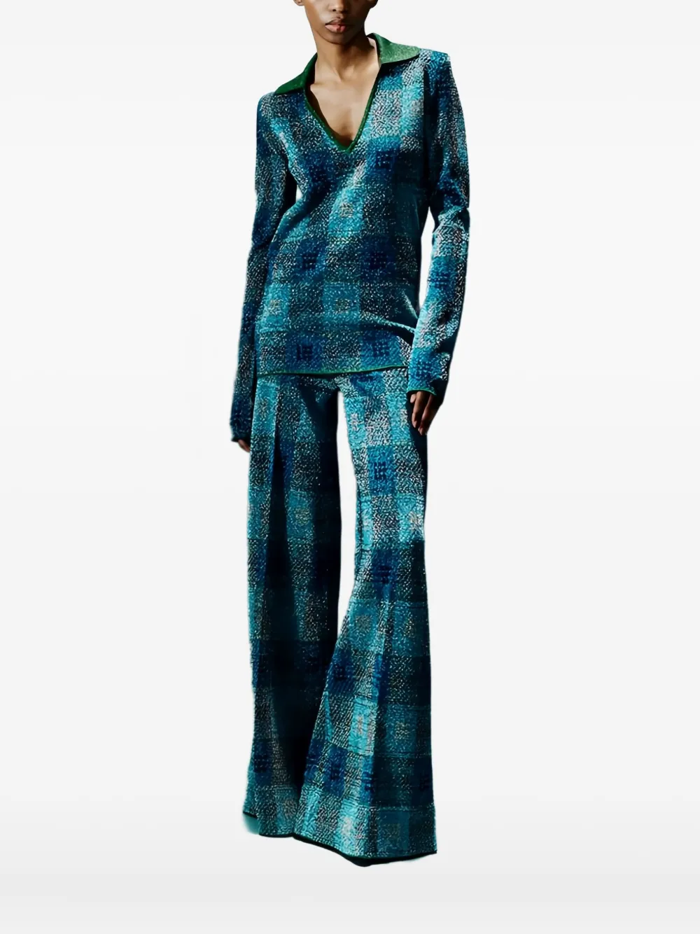 Circus Hotel Checked Lamé-effect Polo Jumper In Blue