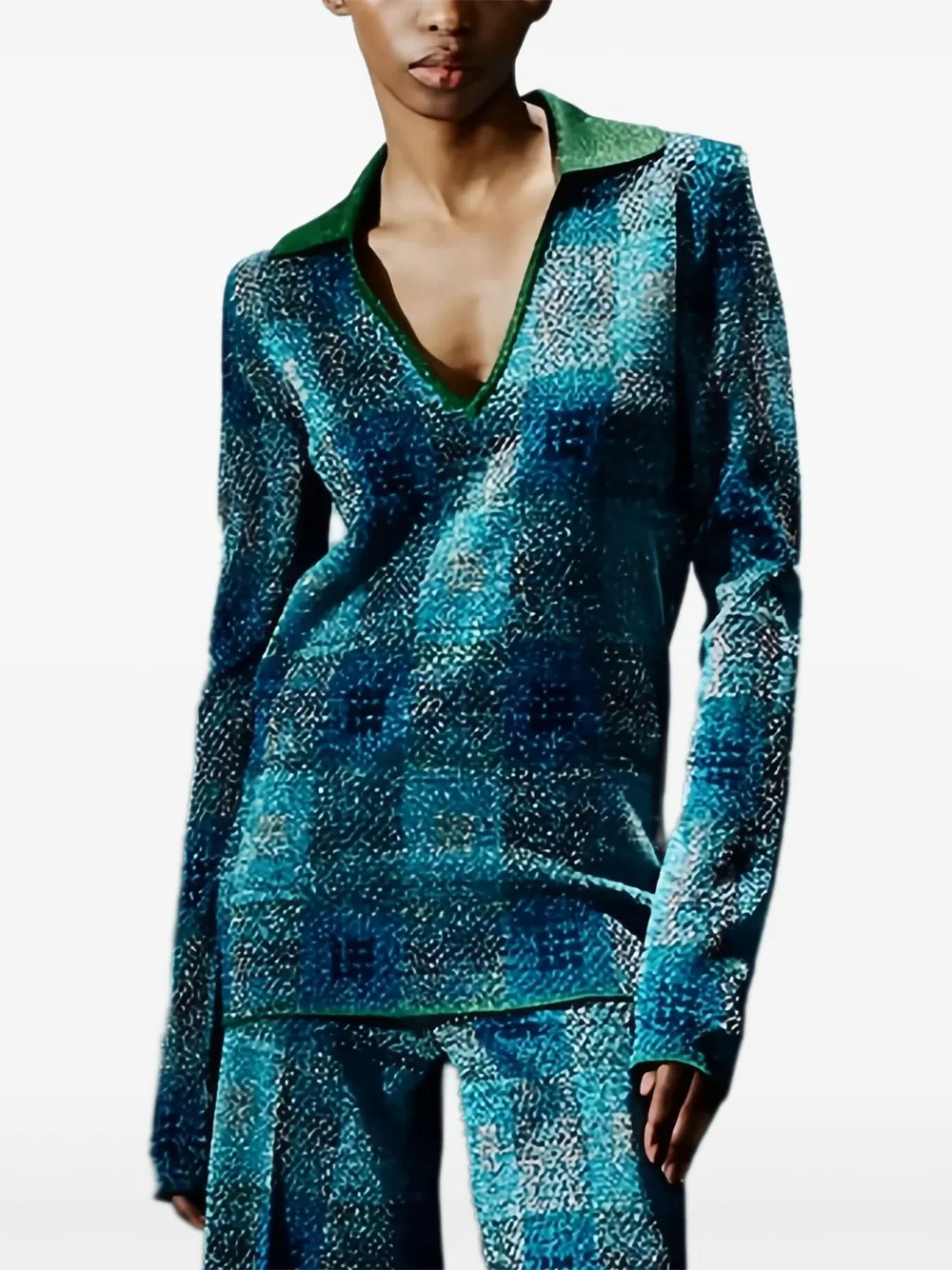 Circus Hotel checked lamé-effect polo jumper - Blu