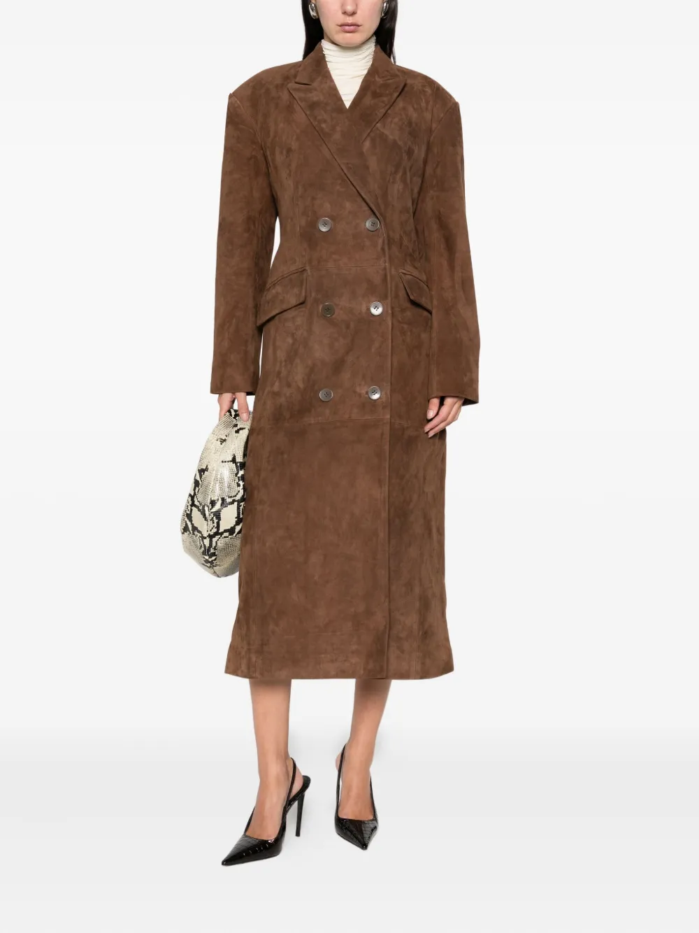 Ducie Aggie Double-breasted Suede Long Coat In Brown