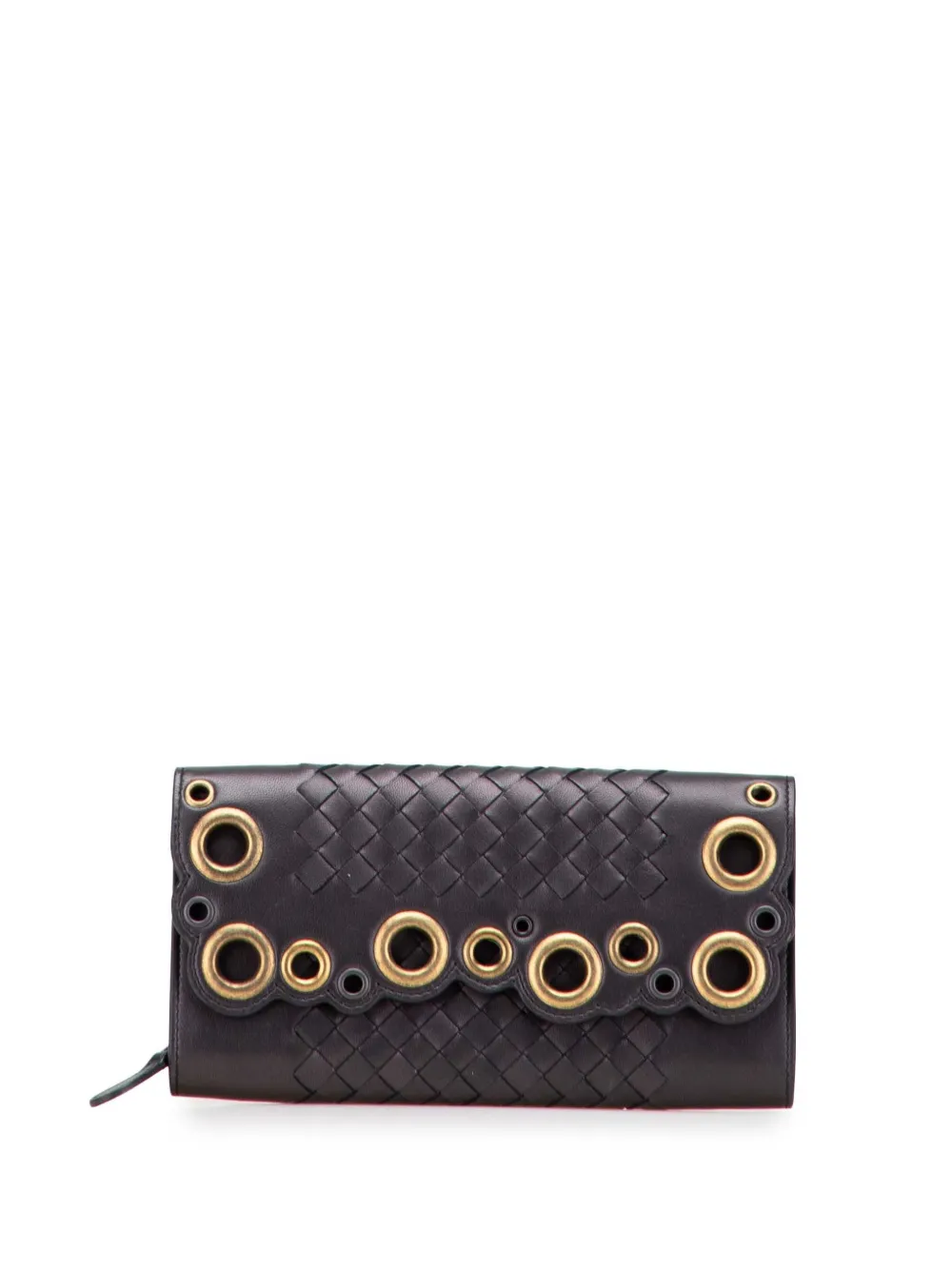 Pre-owned Bottega Veneta 2012-2025 Nappa Intrecciato Grommet Scalloped Edge Wallet Long Wallets In Black