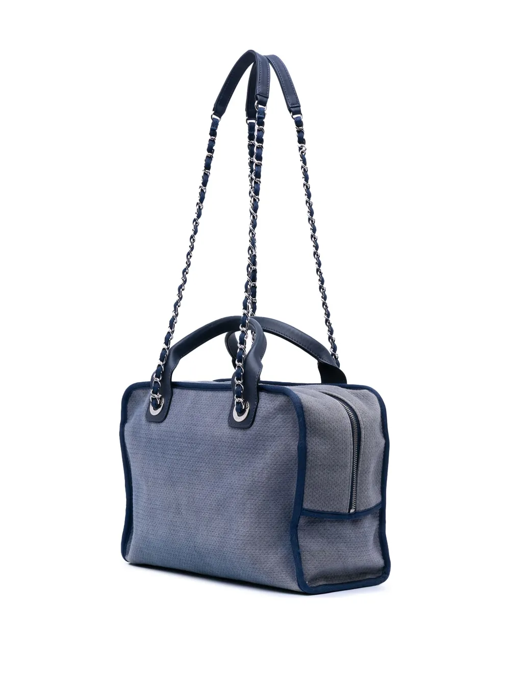 Pre-owned Chanel 2014-2015 Large Denim Deauville Bowling Bag Satchel In Blue