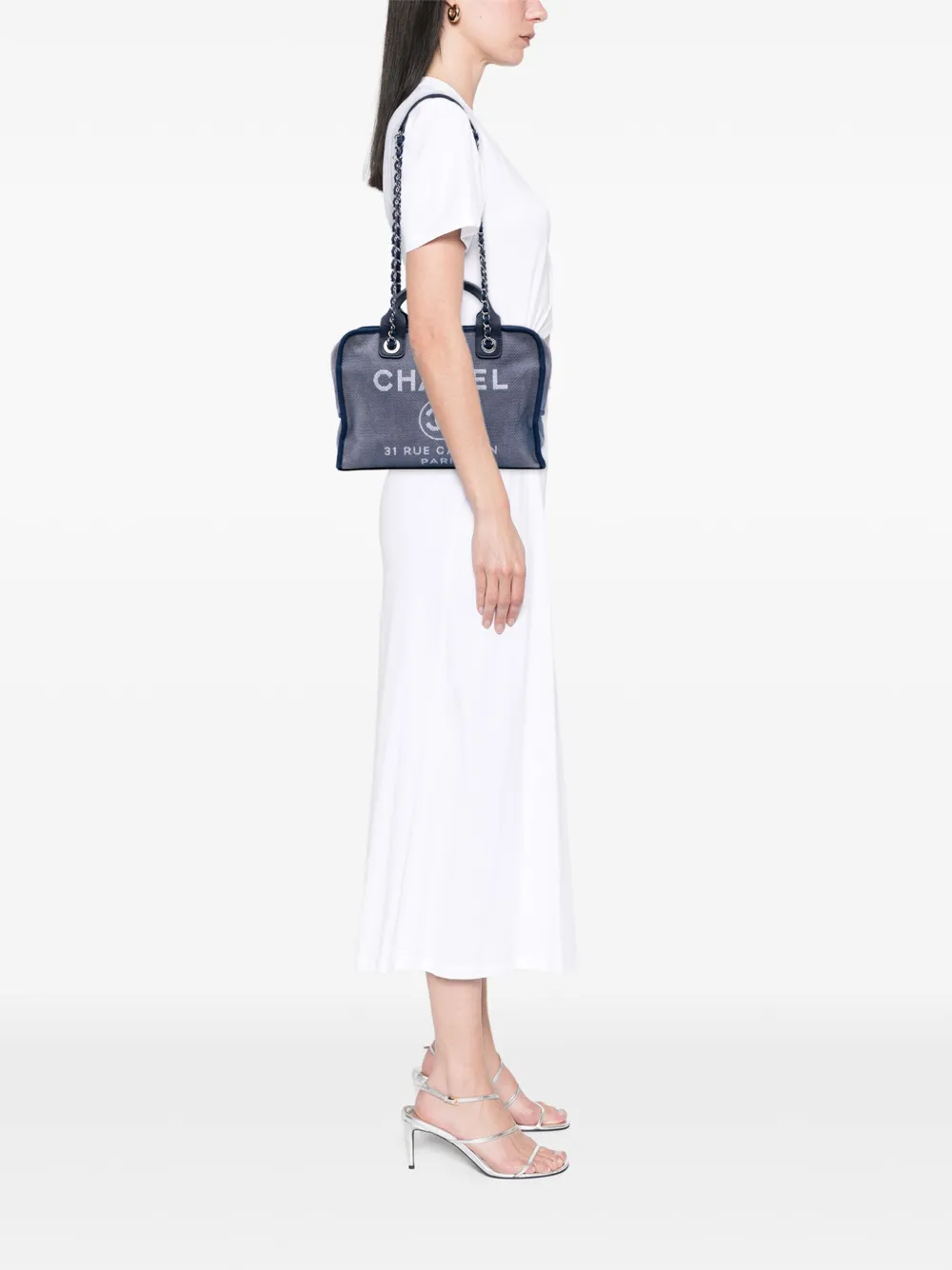 Pre-owned Chanel 2014-2015 Large Denim Deauville Bowling Bag Satchel In Blue