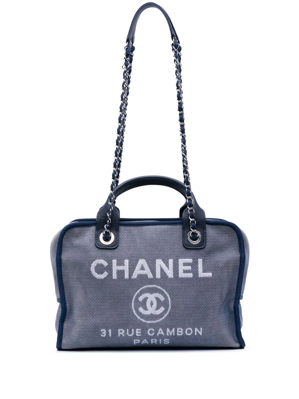 Pre-owned Chanel 2014-2015 Large Denim Deauville Bowling Bag Satchel In Blue