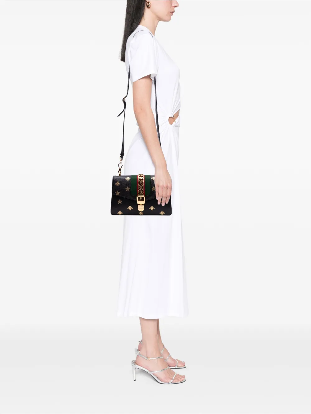 Pre-owned Gucci 2016-2025 Small Leather Bee Star Sylvie Satchel In Black