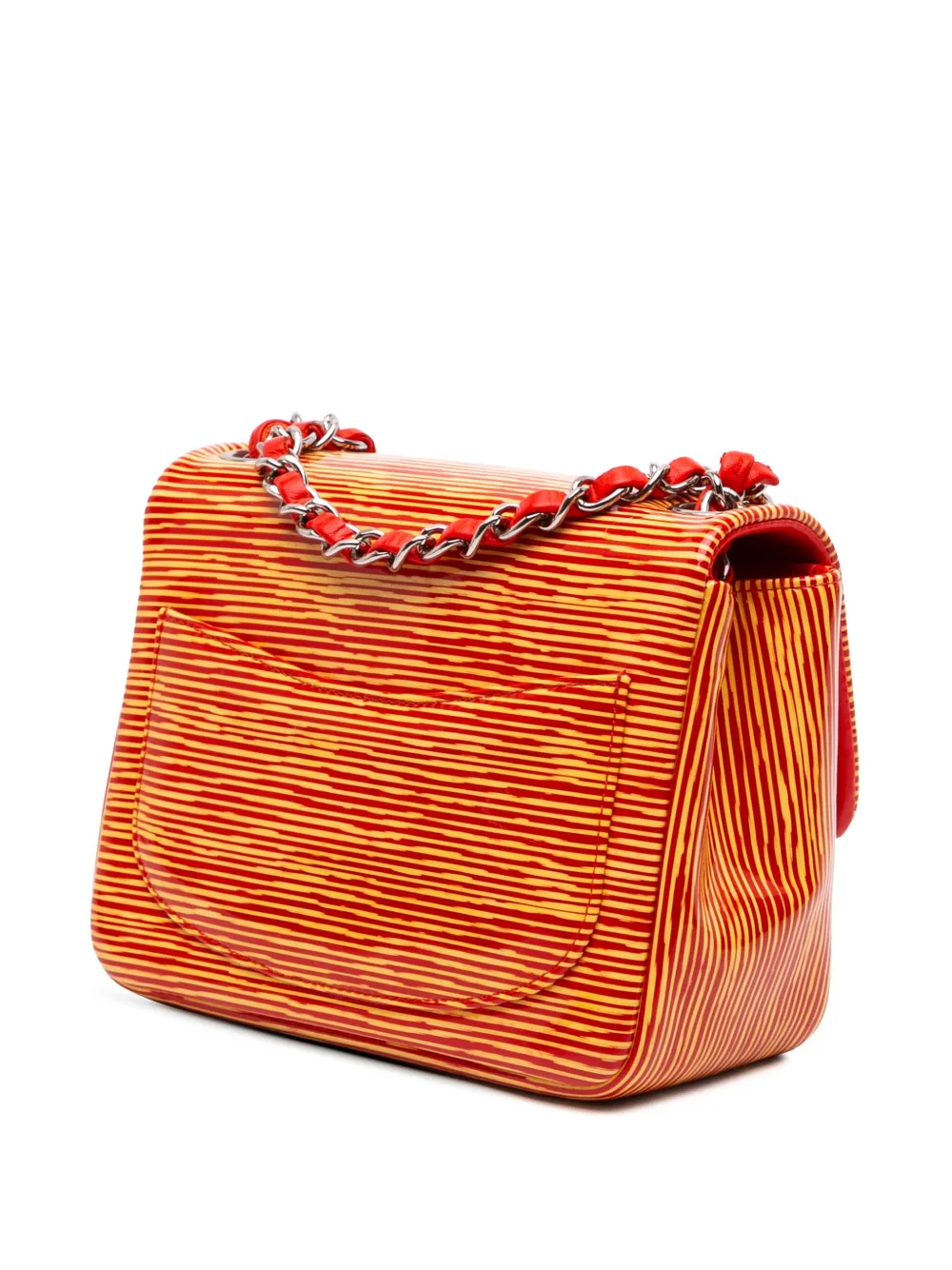 Pre-owned Chanel 2013-2014 Mini Square Classic Patent Striped Single Flap Crossbody Bag In Orange