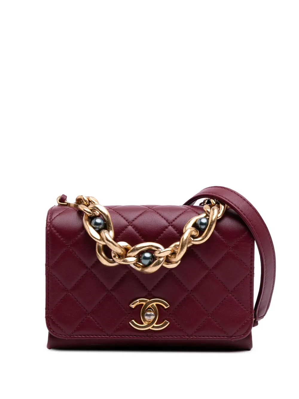 Pre-owned Chanel 2021-2025 Quilted Calfskin Pearl Jewel Chain Flap Satchel In Red