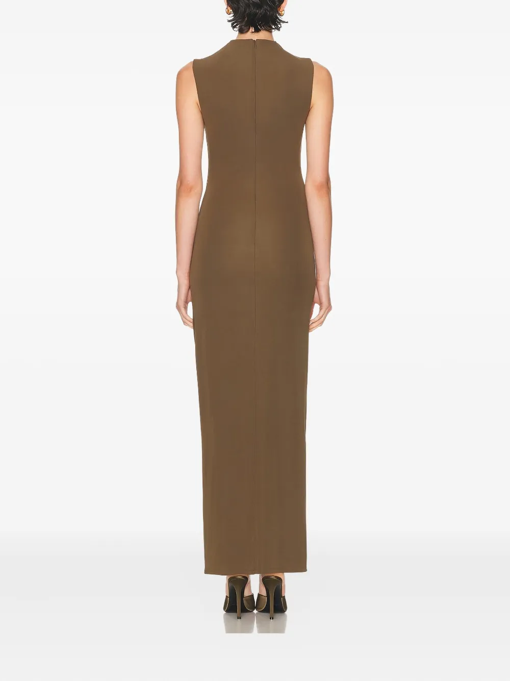 Roland Mouret Sleeveless Viscose Knit Maxi Dress With Buckle In Brown