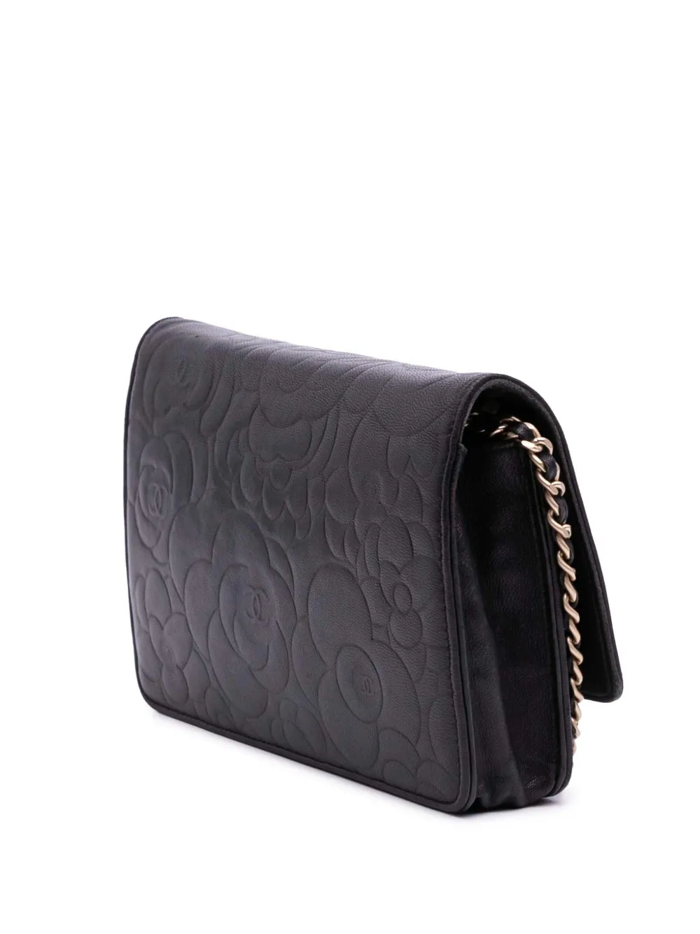 Pre-owned Chanel 2012 Lambskin Camellia Embossed Wallet On Chain Crossbody Bag In Black