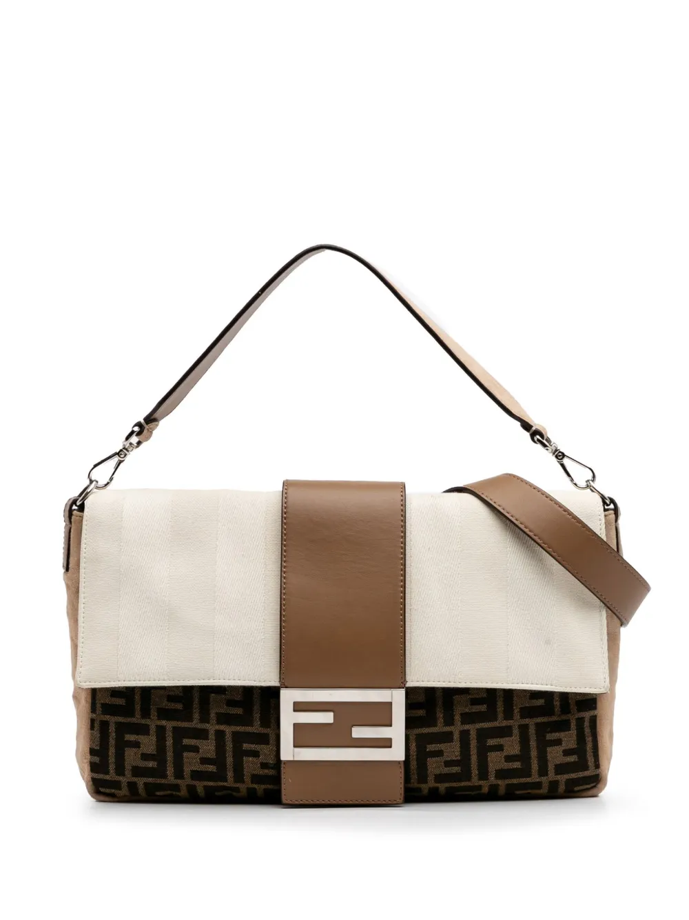 Pre-owned Fendi 2010-2025 Large Zucca And Pequin Canvas Convertible Baguette Satchel In Brown