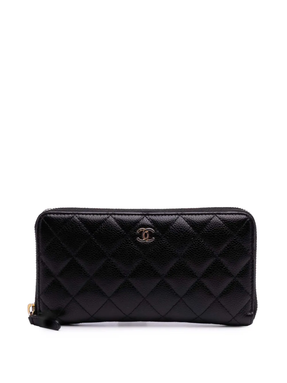 Pre-owned Chanel 2016-2017 Cc Quilted Caviar Zip Around Wallet Long Wallets In Black