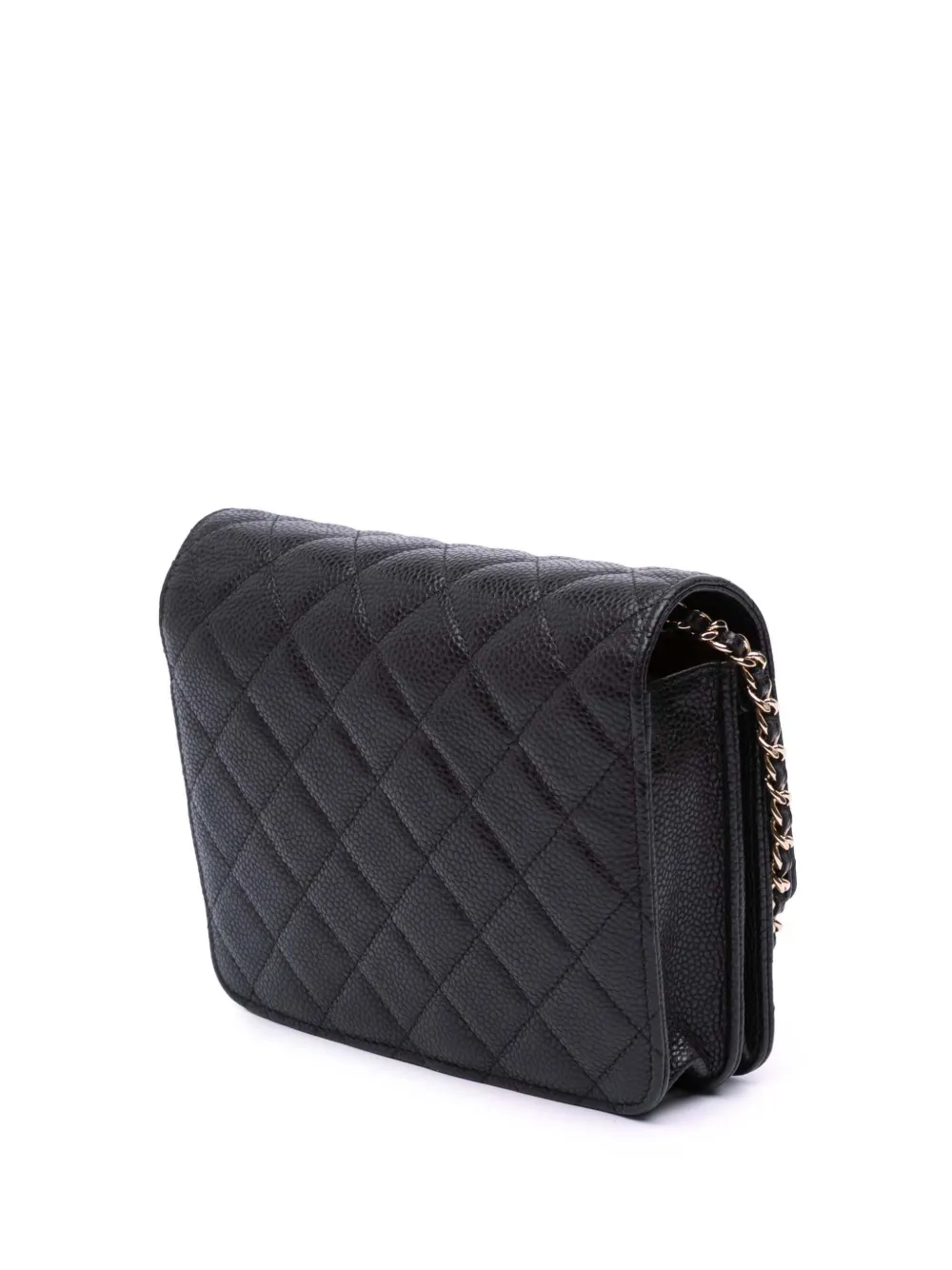 Pre-owned Chanel 2018 Quilted Caviar Square Wallet On Chain Crossbody Bag In Black