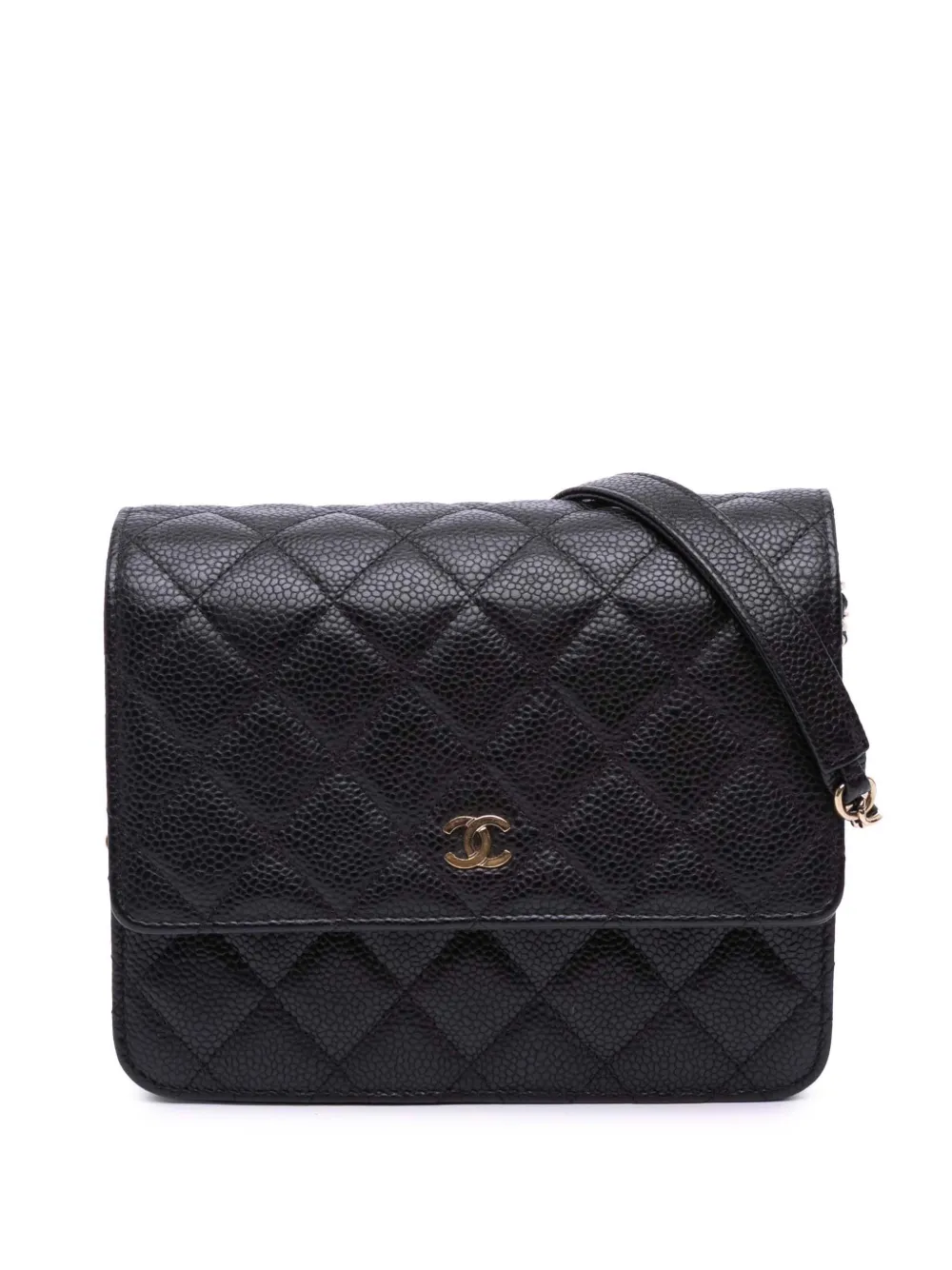 Pre-owned Chanel 2018 Quilted Caviar Square Wallet On Chain Crossbody Bag In Black
