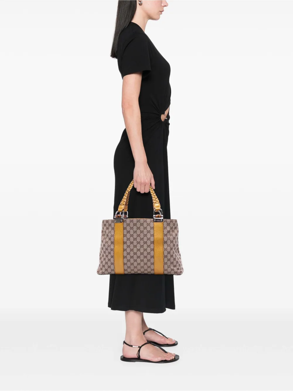 Pre-owned Gucci 2016-2025 Medium Gg Canvas Bamboo Libeccio Tote Bag In Yellow