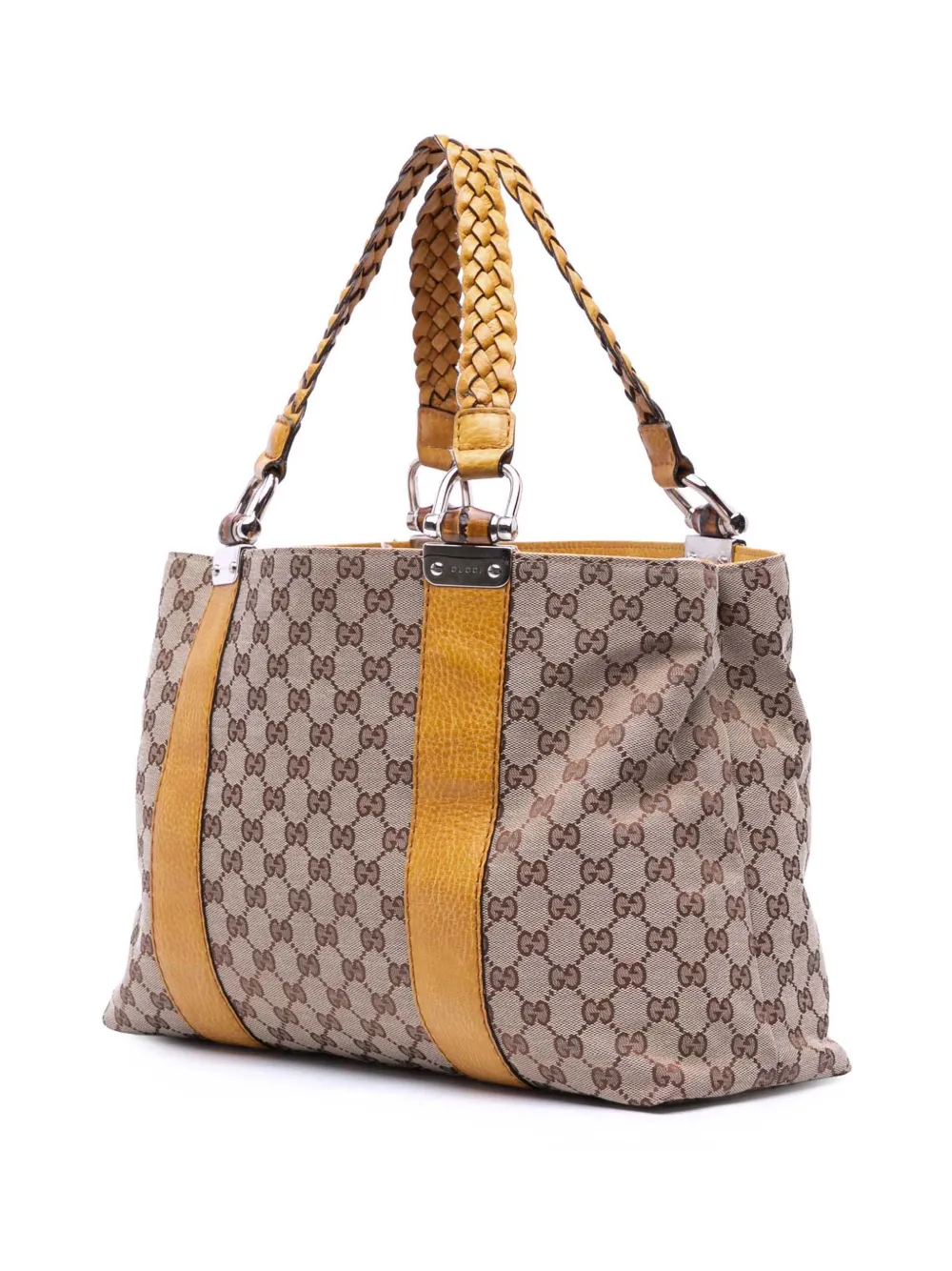 Pre-owned Gucci 2016-2025 Medium Gg Canvas Bamboo Libeccio Tote Bag In Yellow