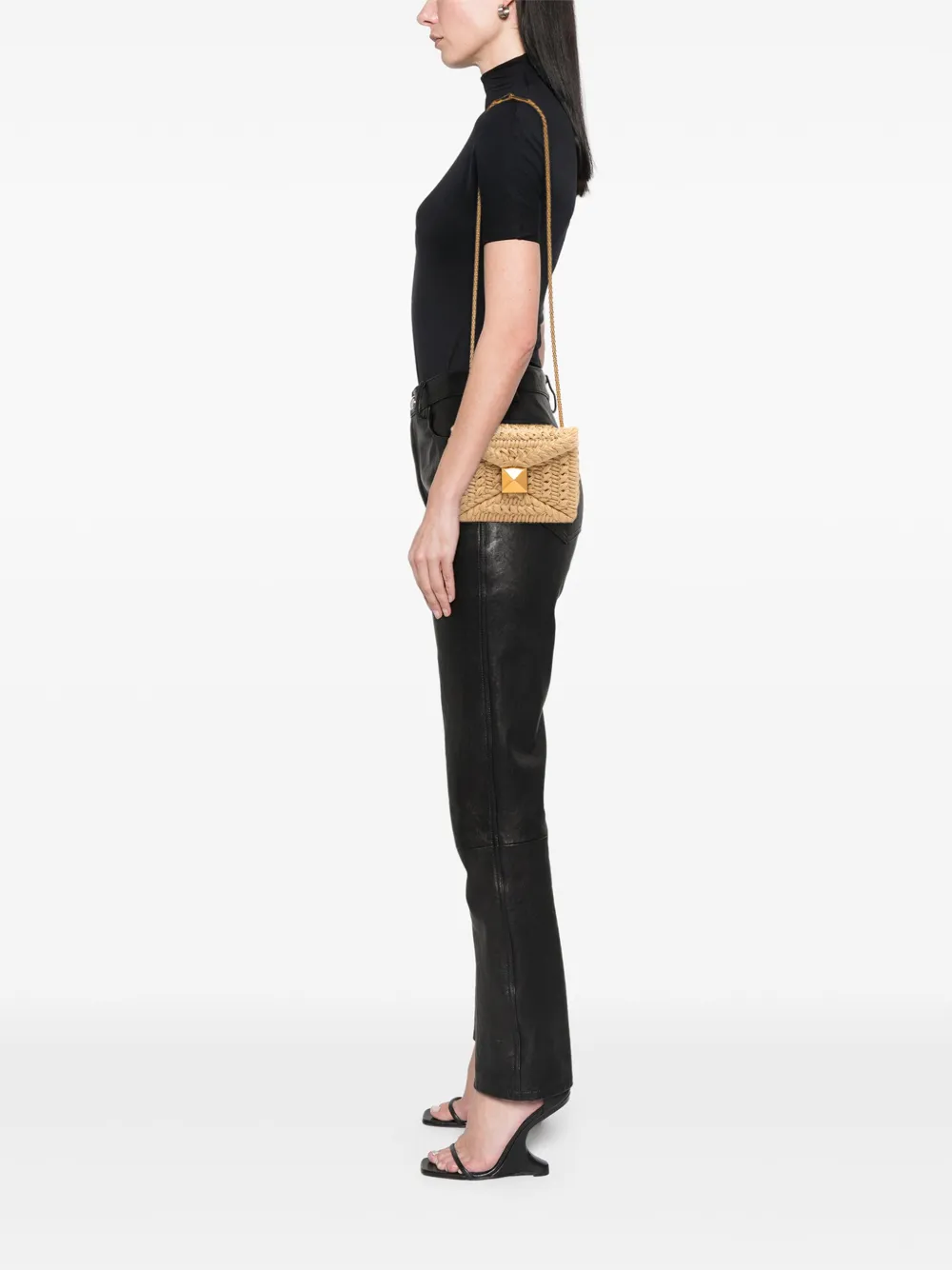 Pre-owned Valentino Garavani 2018-2025 Small Raffia One Stud Crossbody Bag In Brown