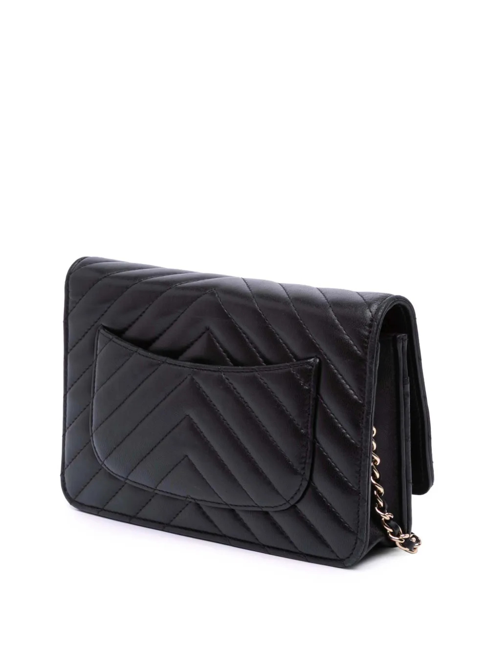 Pre-owned Chanel 2017-2018 Cc Chevron Lambskin Wallet On Chain Crossbody Bag In Black