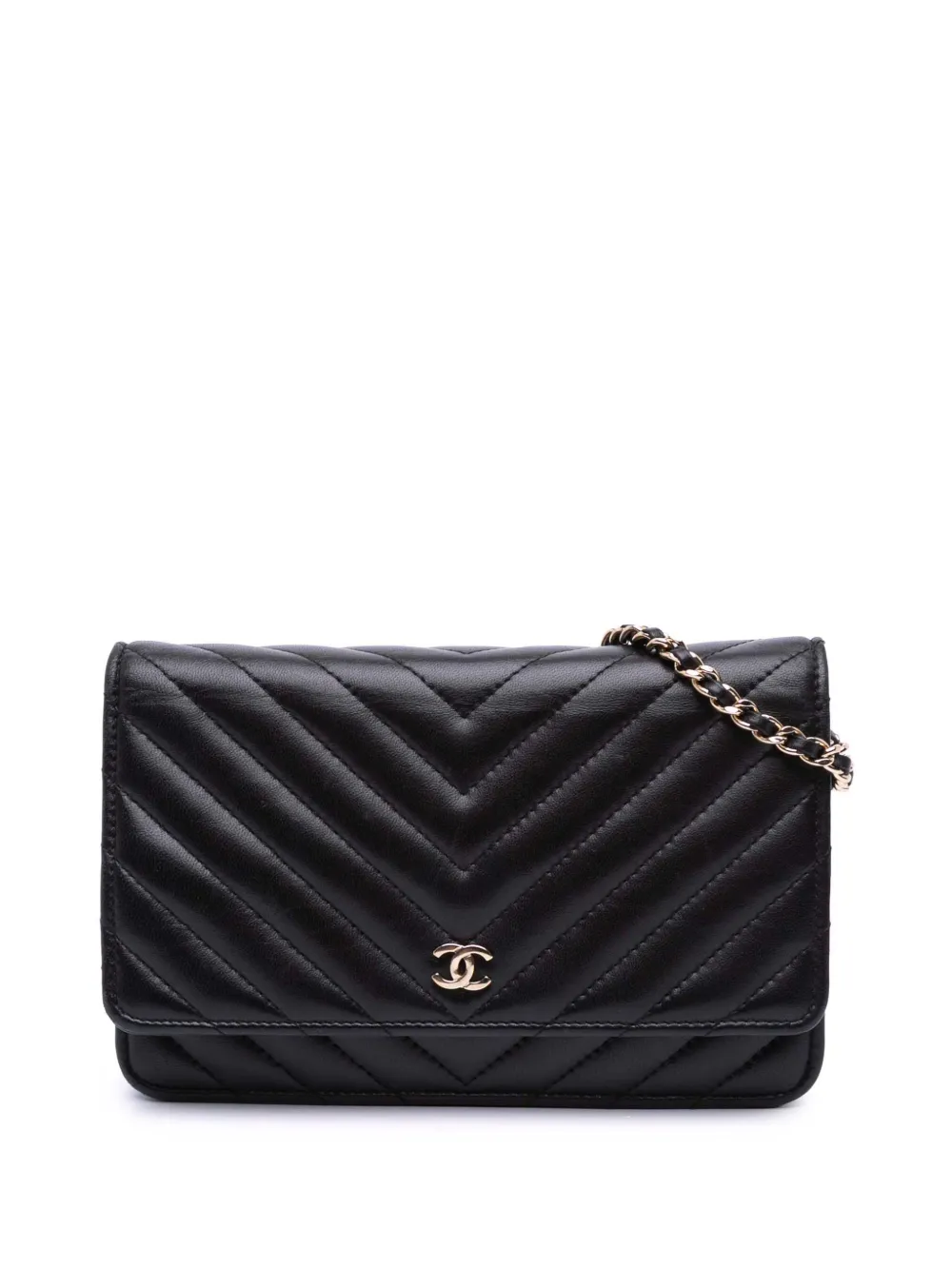 Pre-owned Chanel 2017-2018 Cc Chevron Lambskin Wallet On Chain Crossbody Bag In Black