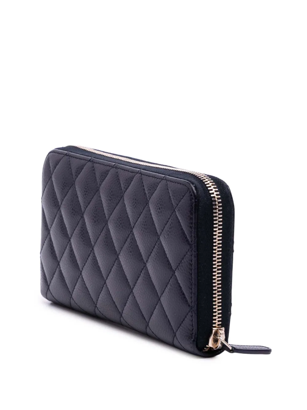 Pre-owned Chanel 2015-2016 Cc Quilted Caviar Zip Around Wallet Long Wallets In Blue