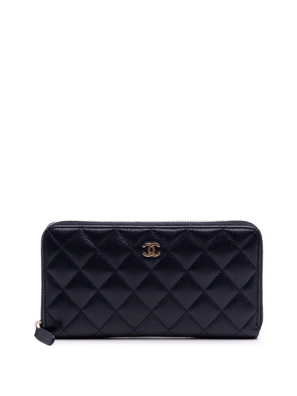 Pre-owned Chanel 2015-2016 Cc Quilted Caviar Zip Around Wallet Long Wallets In Blue
