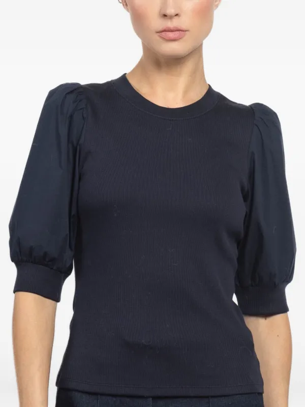 Veronica Beard Coralee Puff-sleeve Ribbed Top in Blue