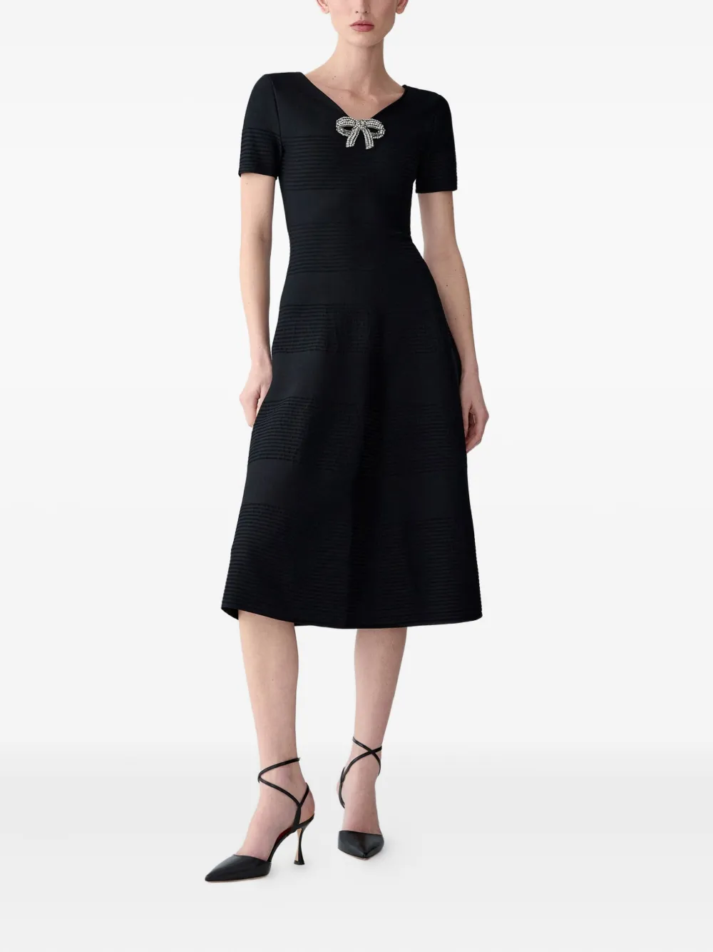 Carolina Herrera Crystal Bow V-neck Flare Dress In Black