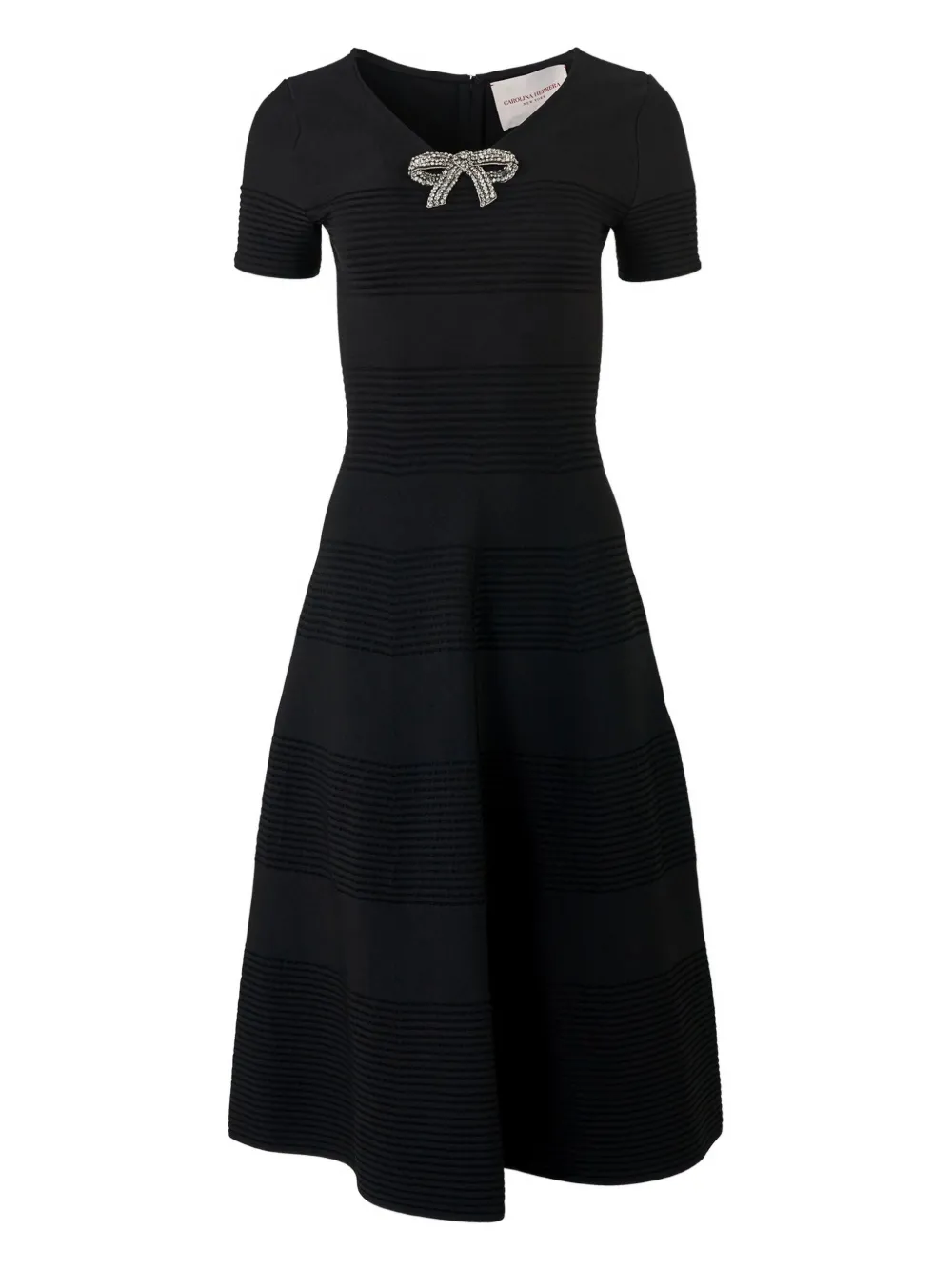 Carolina Herrera Crystal Bow V-neck Flare Dress In Black