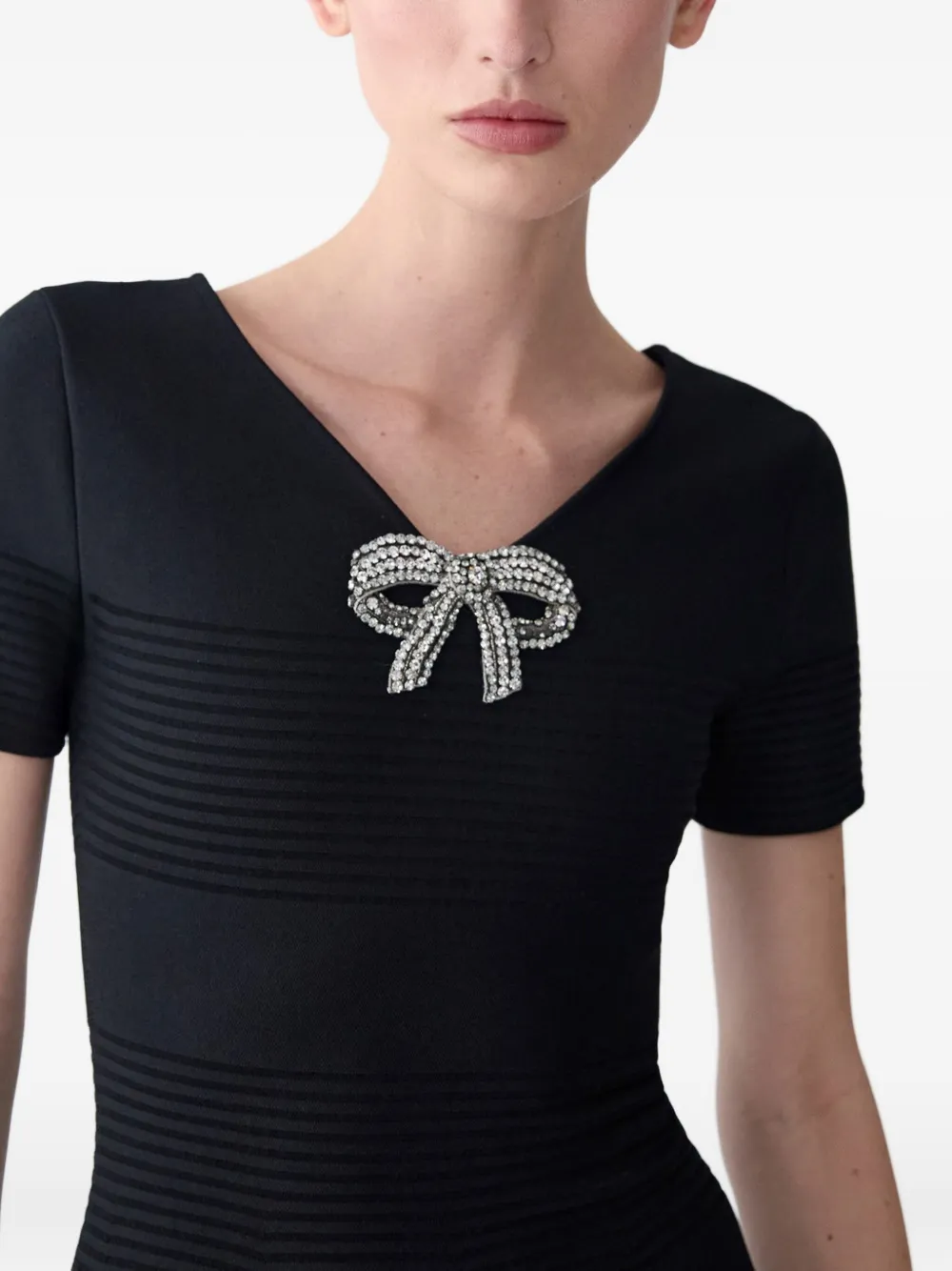 Carolina Herrera Crystal Bow V-neck Flare Dress In Black