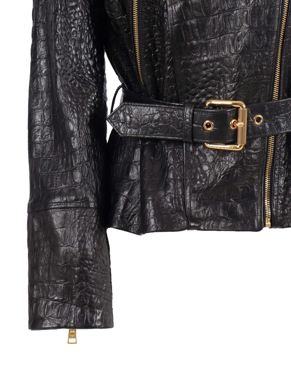 Elisabetta Franchi Textured Sheepskin Leather Jacket With Asymmetrical Zipper In Black