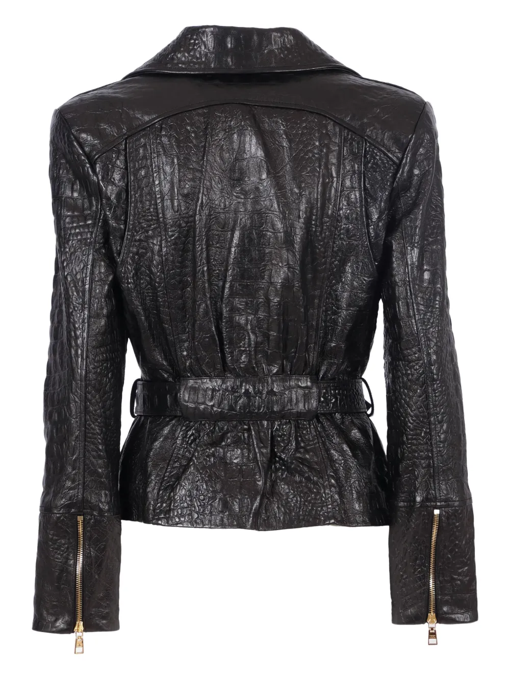 Elisabetta Franchi Textured Sheepskin Leather Jacket With Asymmetrical Zipper In Black
