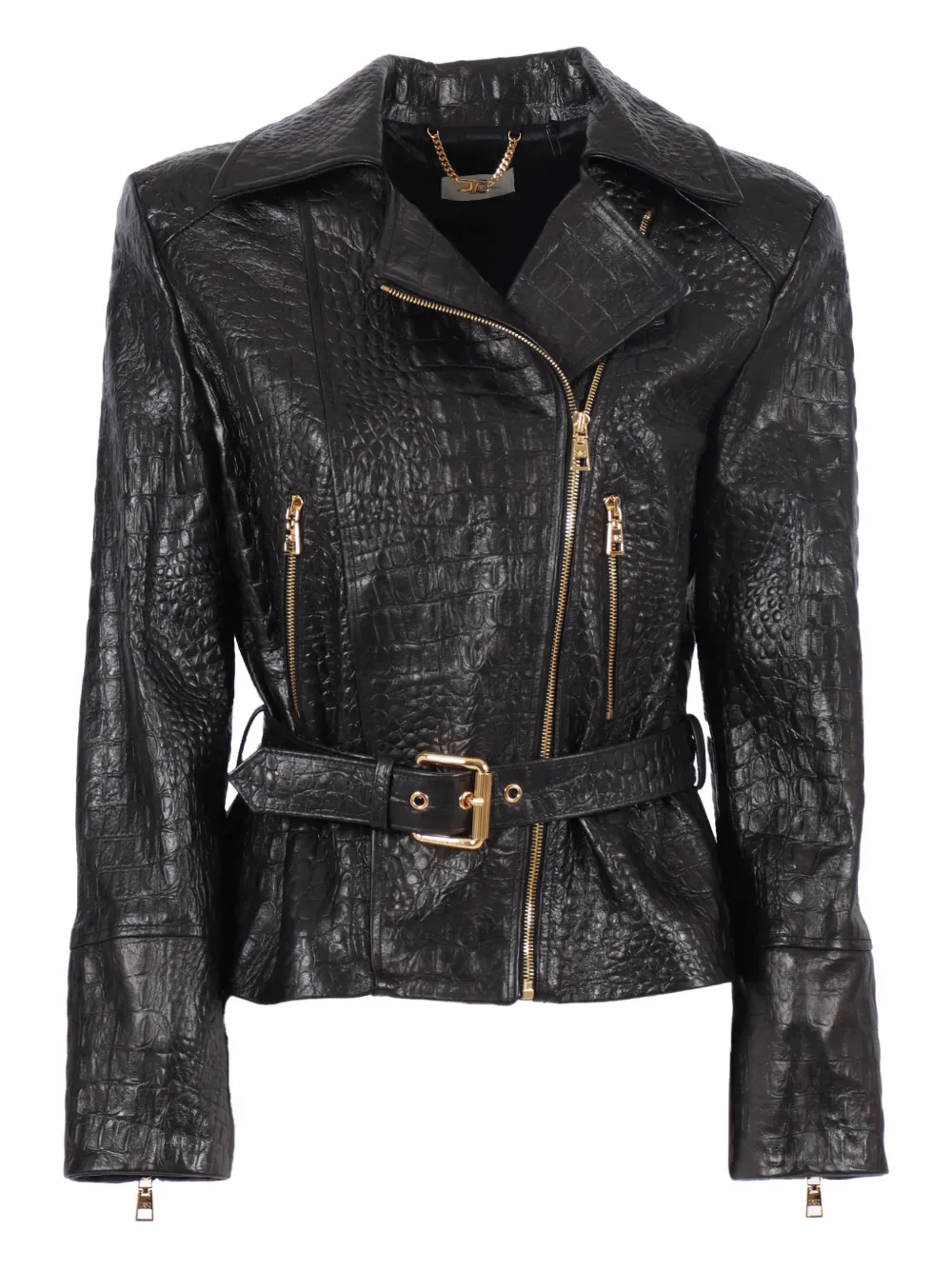 Elisabetta Franchi Textured Sheepskin Leather Jacket With Asymmetrical Zipper In Black