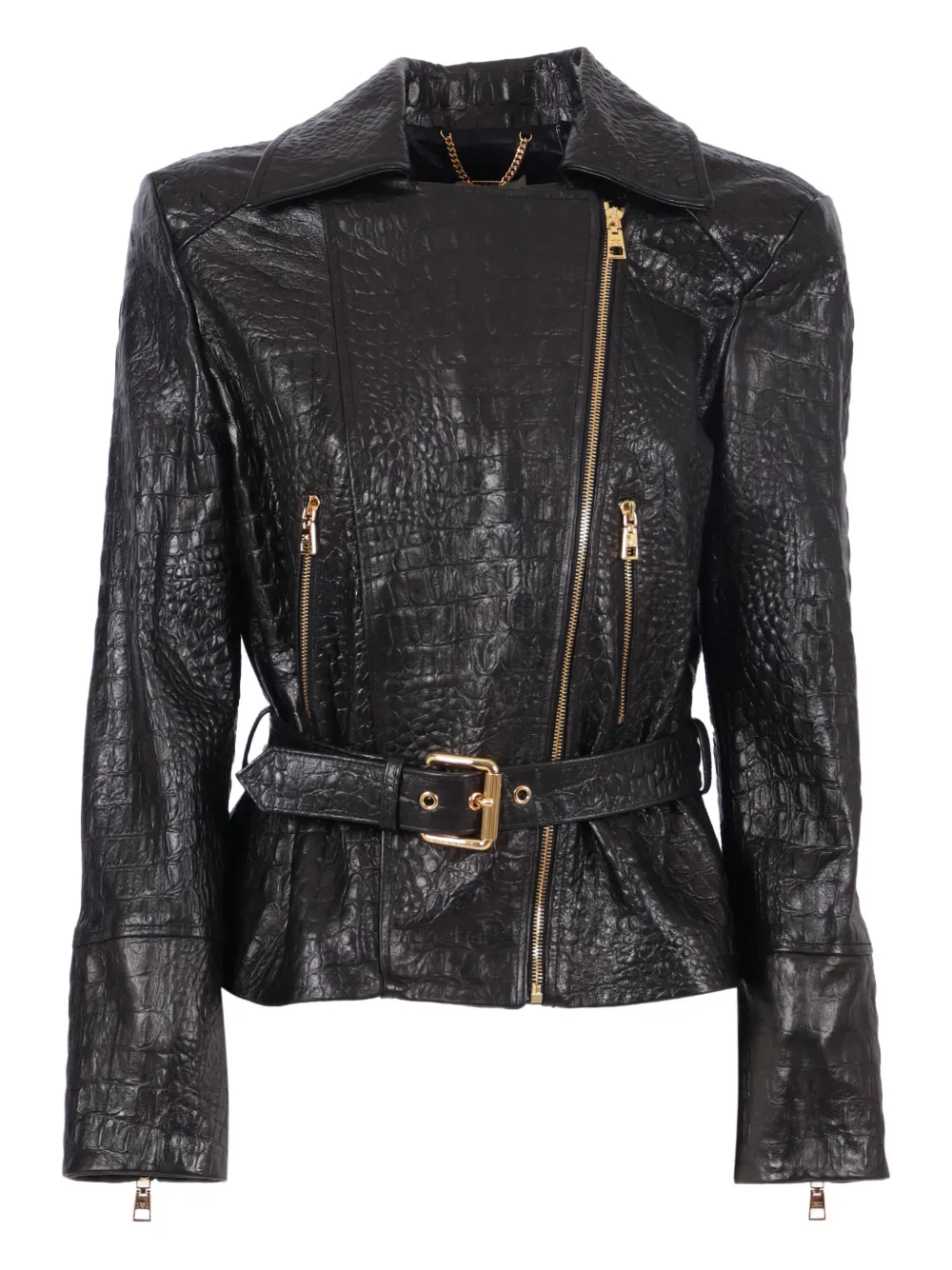 Elisabetta Franchi Textured Sheepskin Leather Jacket With Asymmetrical Zipper In Black