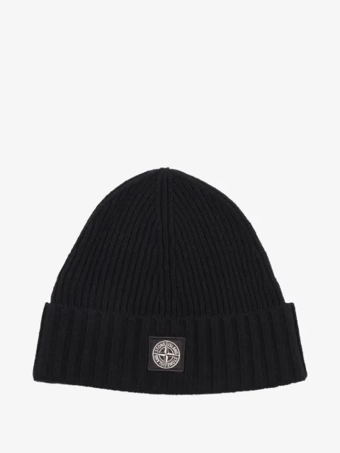 Stone Island Junior logo-patch ribbed-knit beanie hat