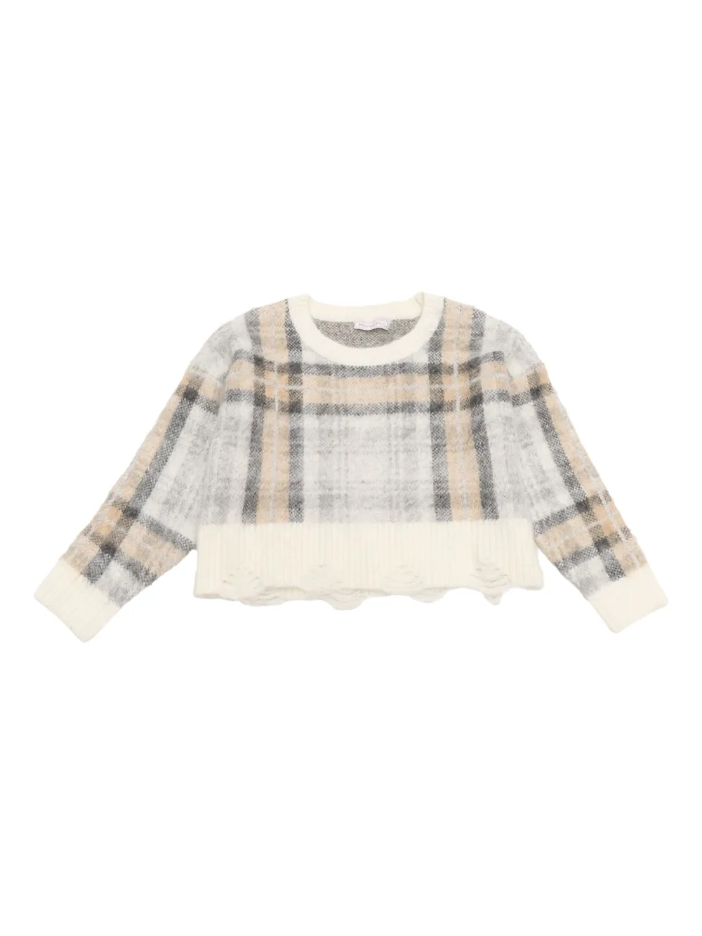 Monnalisa Trui met gerafelde afwerking en tartan-ruit Beige