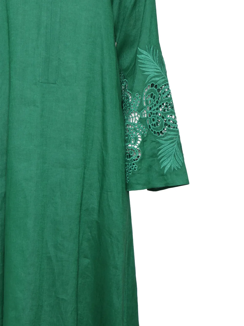 Max Mara Embroidered Flax Linen Midi Dress With Flair In Green