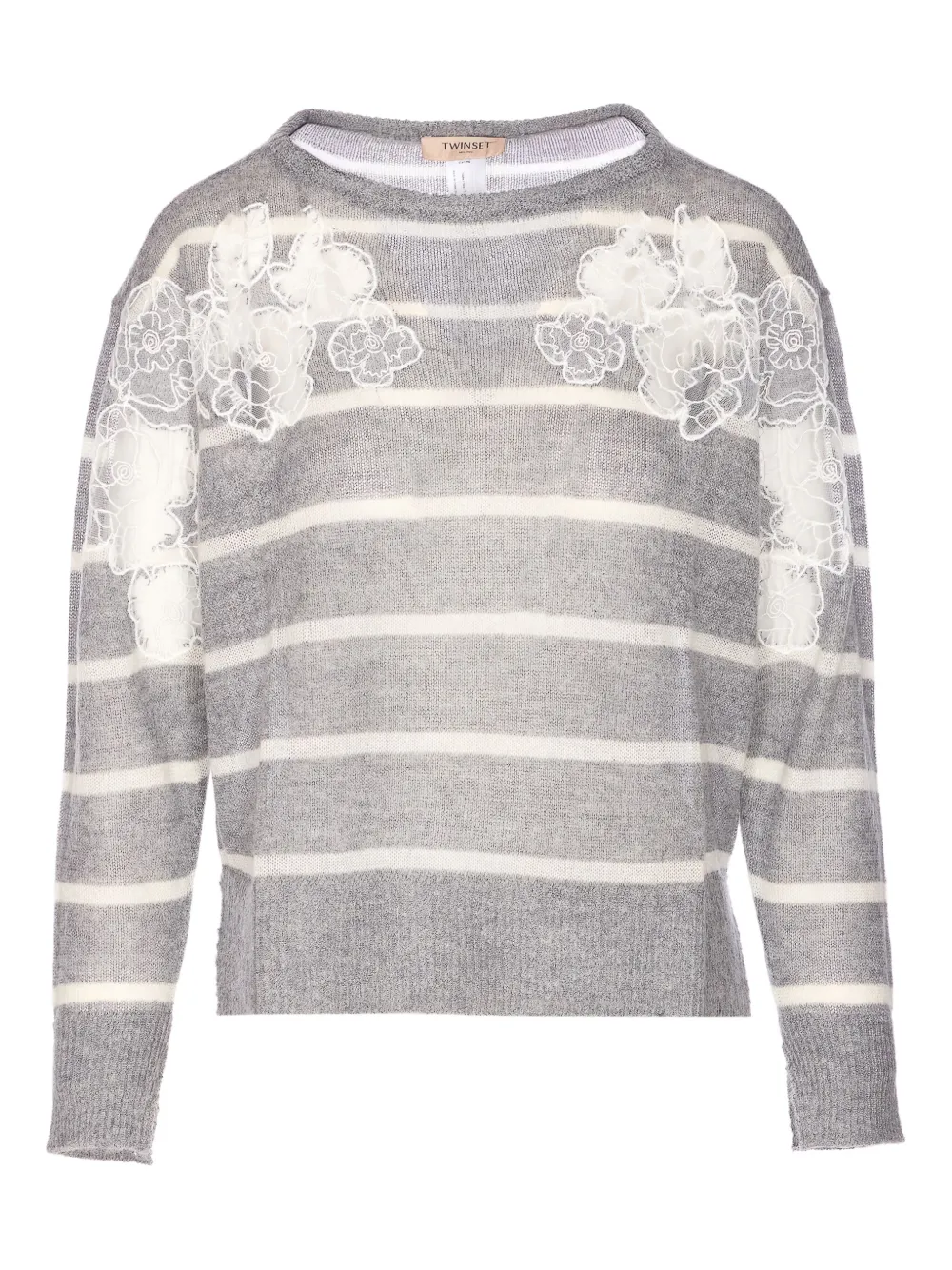 TWINSET striped-pattern lace-embellished sweater Grijs