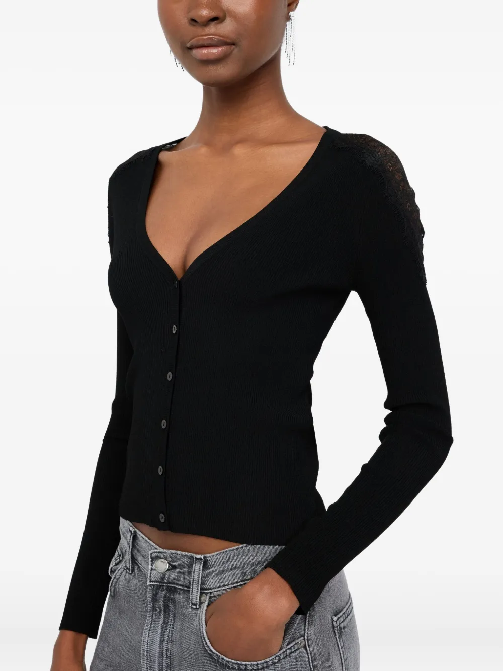 LIU JO lace-trimmed ribbed cardigan Zwart