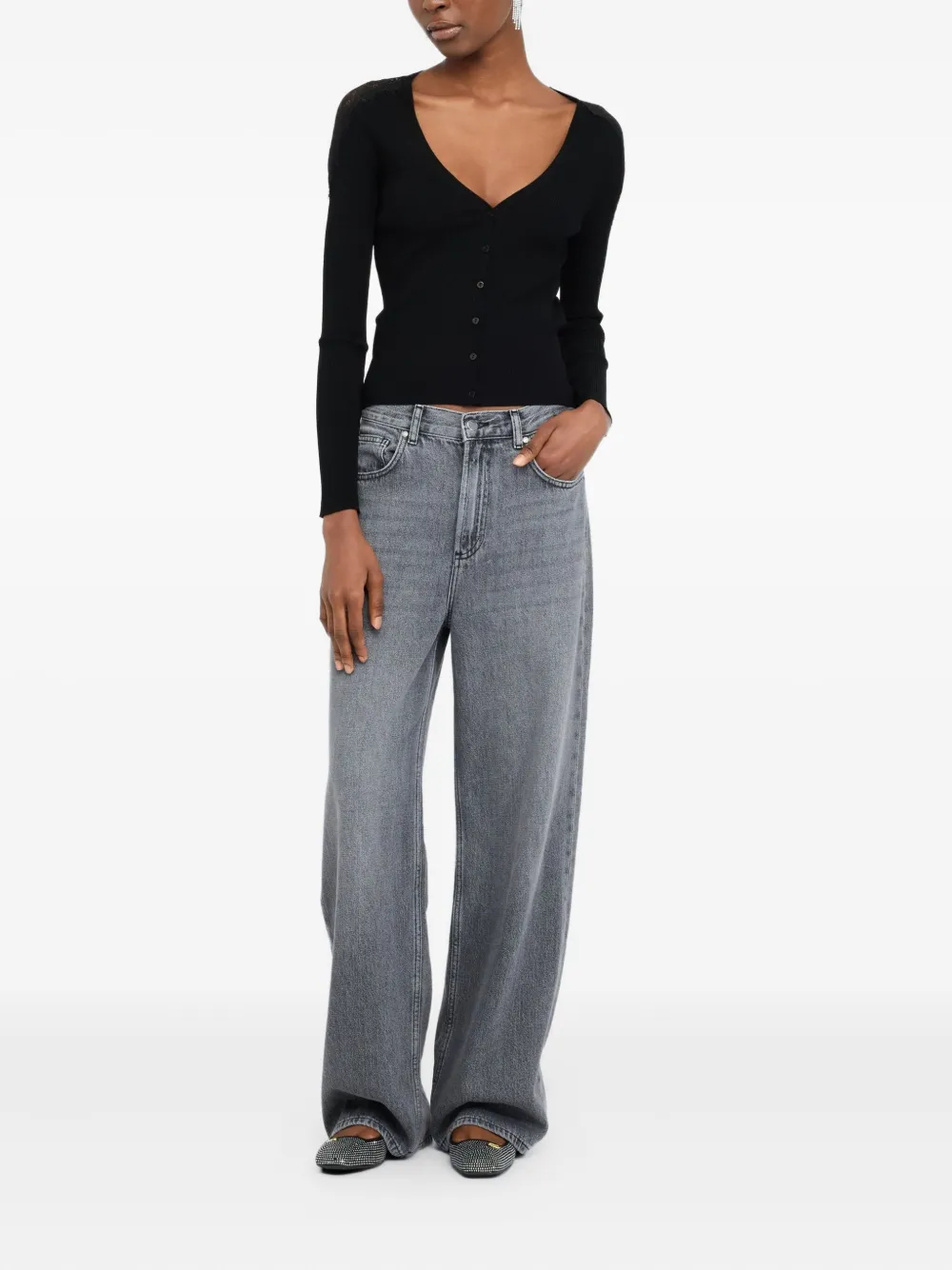 LIU JO lace-trimmed ribbed cardigan Zwart